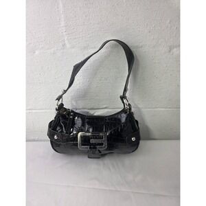Guess Vintage Y2K Black Croc Patent Embossed Logo Shoulder Hobo Bag Flap Guess